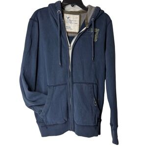 Y2K American Eagle Full Zip Up Hoodie Mens Medium Blue Embroidered Cotton Jacket